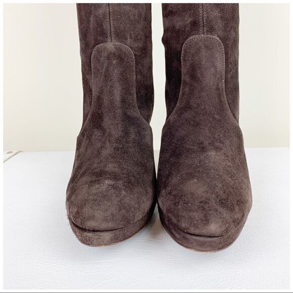 Graffiti Brown Suede Platform Heel Pull-On Boots Sz 7.5 - Picture 4 of 10